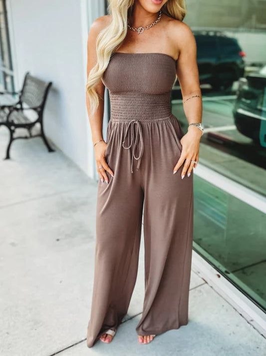 🔥2023 Hot Sale 49%-OFF🔥Off Shoulder Solid Color Smocked Jumpsuit